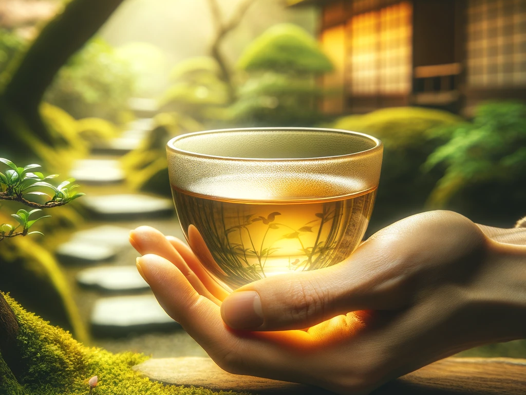 tasse de thé vert au riz soufflé dans une main